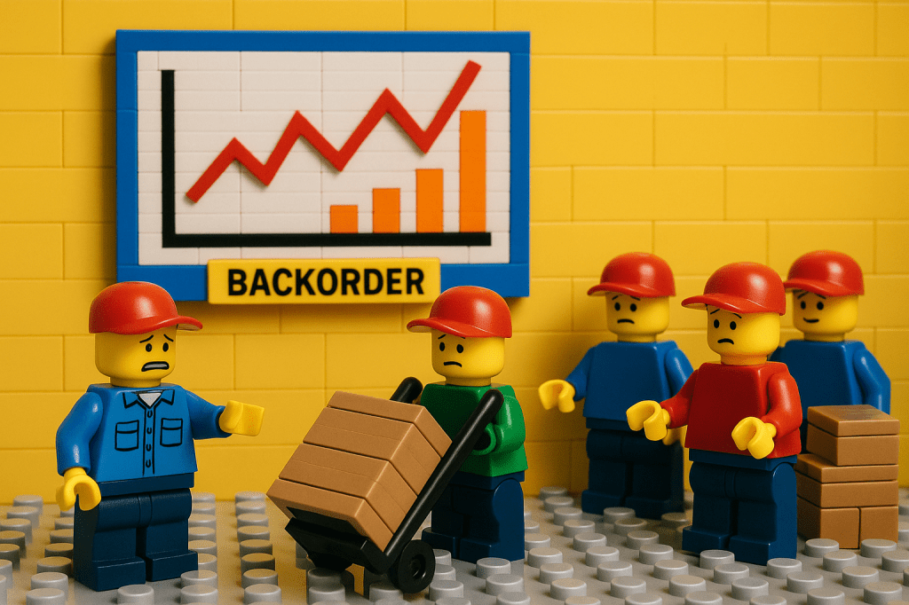 LEGO workers reacting to a spike in backorders, shown on a chart labeled “BACKORDER,” with visible frustration and stacked boxes. This warehouse scene highlights the challenges of low order fulfillment and poor inventory visibility. CyberStockroom’s Inventory Map helps reduce backorder rates by giving teams real-time access to stock locations and availability.

