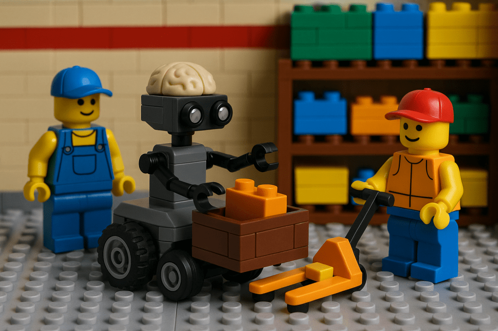 LEGO robot with a visible brain assists workers in a warehouse, showcasing how CyberStockroom combines robotics, AI, and inventory visibility through its Inventory Map for smart warehouse automation.