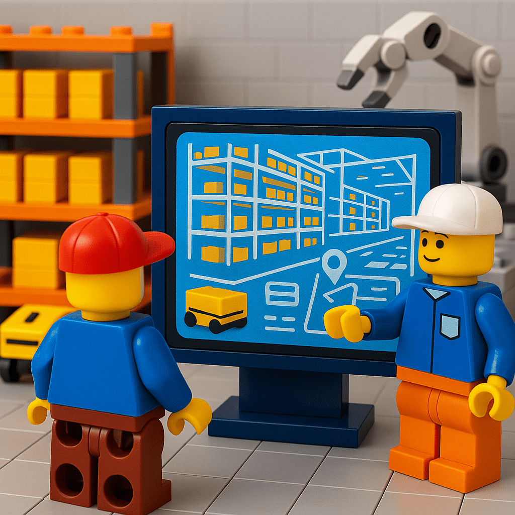 LEGO workers review a futuristic warehouse layout on a digital screen, representing CyberStockroom’s tech-powered Inventory Map for real-time visibility, AI forecasting, and automated inventory control.