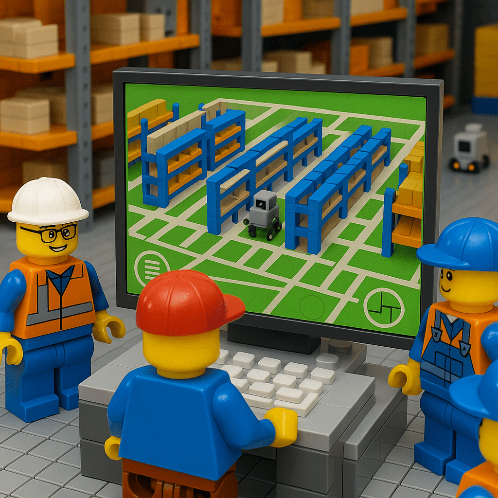 LEGO workers view a digital twin of their warehouse on screen, highlighting CyberStockroom’s Inventory Map and visual inventory tools for real-time visibility powered by AI and sensors.