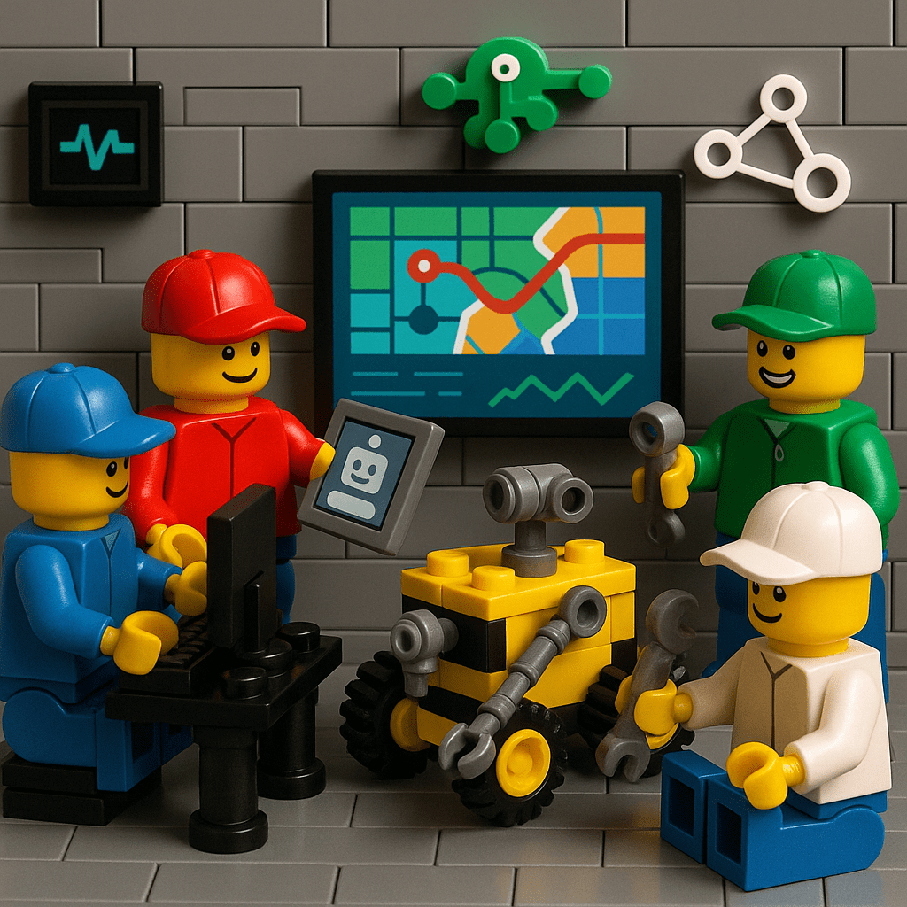 LEGO team collaborates with a robot using AI, tools, and a digital map on screen, representing CyberStockroom’s connected ecosystem of inventory visibility, sensors, and Inventory Map integration.