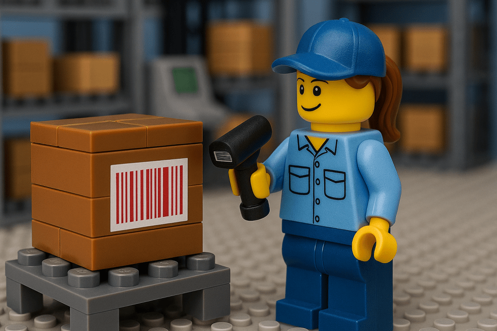Lego warehouse worker scanning a barcode with a handheld device—illustrating how modern inventory management software, like CyberStockroom, enables instant logging of stock changes through integrated technology and real-time tracking.