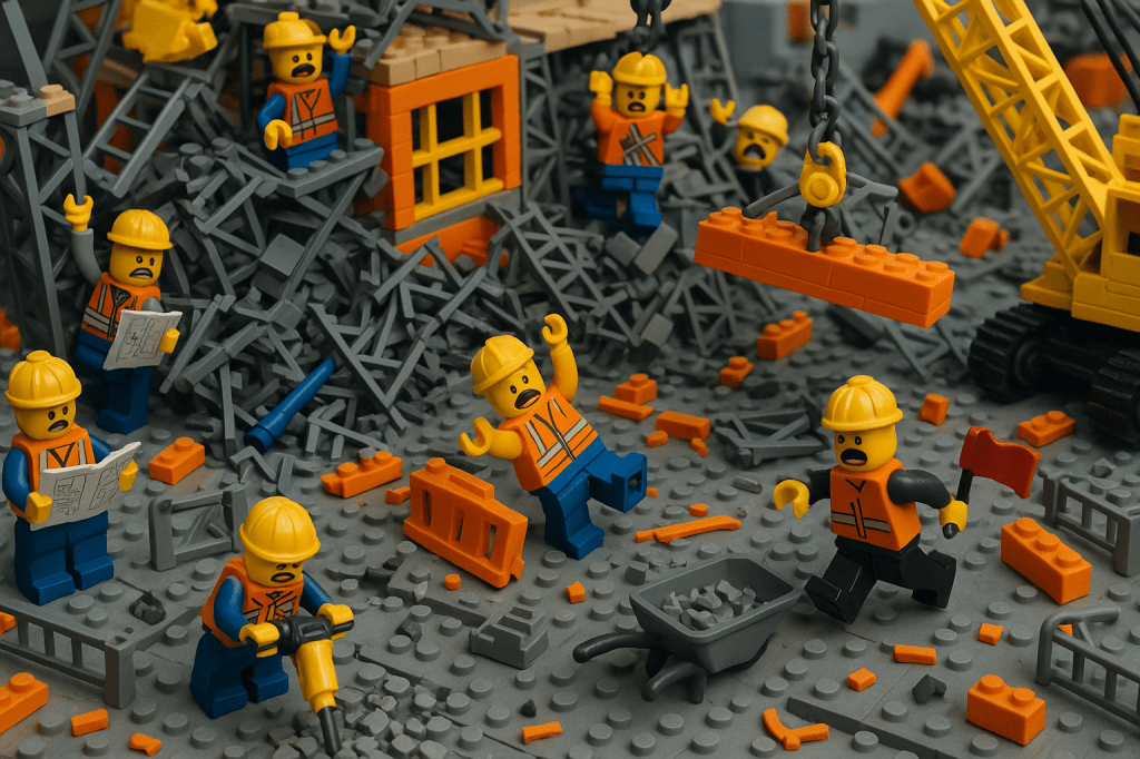 LEGO construction workers in chaos on a jobsite, representing how lack of inventory visibility and a proper inventory map can derail construction projects—highlighting the need for CyberStockroom.
