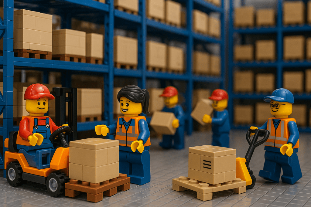 LEGO-style warehouse scene showing workers using forklifts and pallet jacks to move boxes, illustrating CyberStockroom’s Inventory Visibility and the use of an Inventory Map to track storage locations and improve operational efficiency.