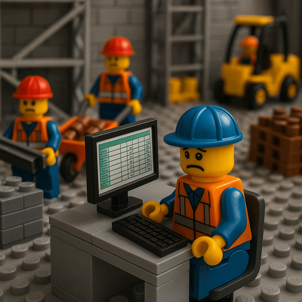 LEGO-style warehouse worker looking frustrated at a computer displaying inventory data, illustrating how poor inventory visibility impacts employee morale, and how CyberStockroom’s Inventory Map can provide accurate tracking to boost confidence and productivity.