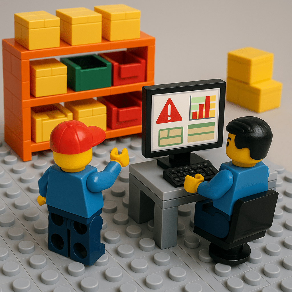 LEGO-style warehouse scene with two workers reviewing a computer screen showing inventory alerts and charts, representing CyberStockroom’s Inventory Visibility tools and the use of an Inventory Map to quickly locate items and reduce wasted search time.