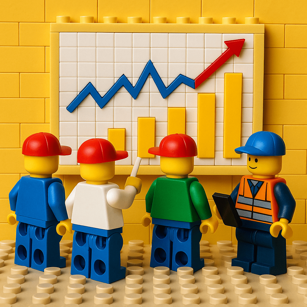 LEGO workers reviewing a graph to represent how CyberStockroom uses real production data, inventory visibility, and an inventory map to forecast demand.
