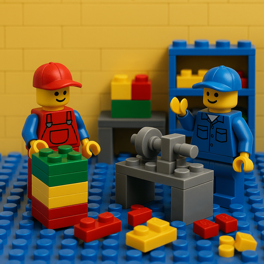 LEGO workers organizing parts on a shop floor, representing how CyberStockroom improves inventory visibility and uses the inventory map to reduce WIP and excess materials.