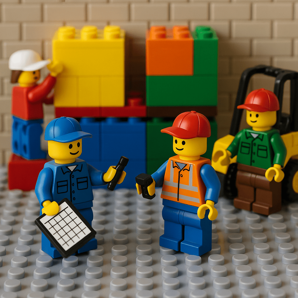 LEGO-style workers conducting inventory checks with a clipboard and handheld scanner, representing how CyberStockroom’s Inventory Visibility and Inventory Map improve lot tracking and quality control for compliance in regulated manufacturing industries.