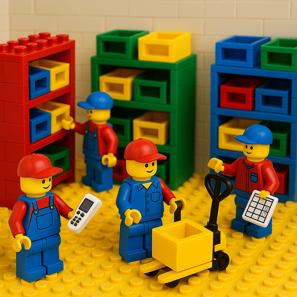 LEGO workers managing bins on colorful shelves, showing how CyberStockroom improves inventory visibility and uses an inventory map to track items across departments, locations, and storage bins.

