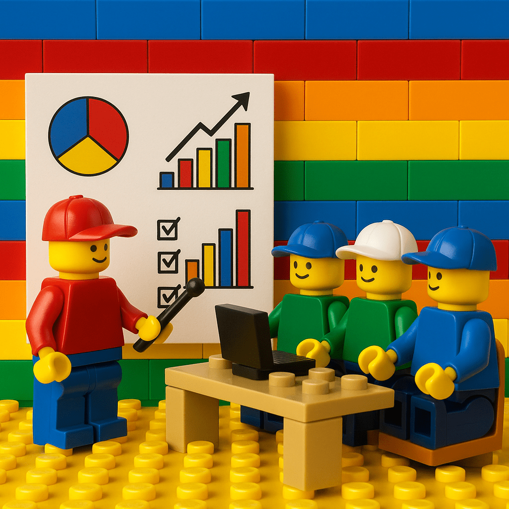 LEGO team reviewing performance charts in a meeting, representing how CyberStockroom helps set inventory KPIs and improve processes using inventory visibility and the inventory map.