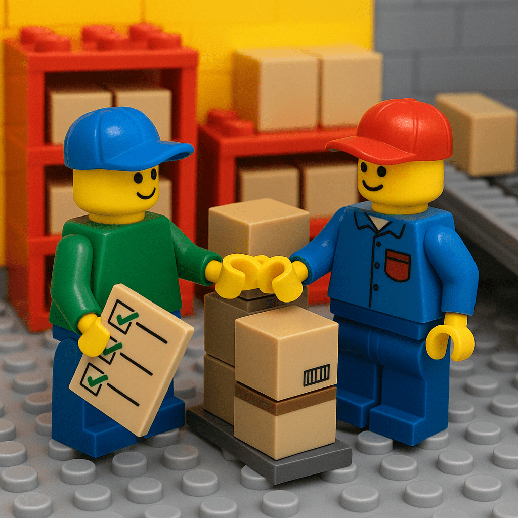 LEGO workers shaking hands near stacked boxes, illustrating how CyberStockroom supports supplier collaboration through inventory visibility and shared inventory maps.
