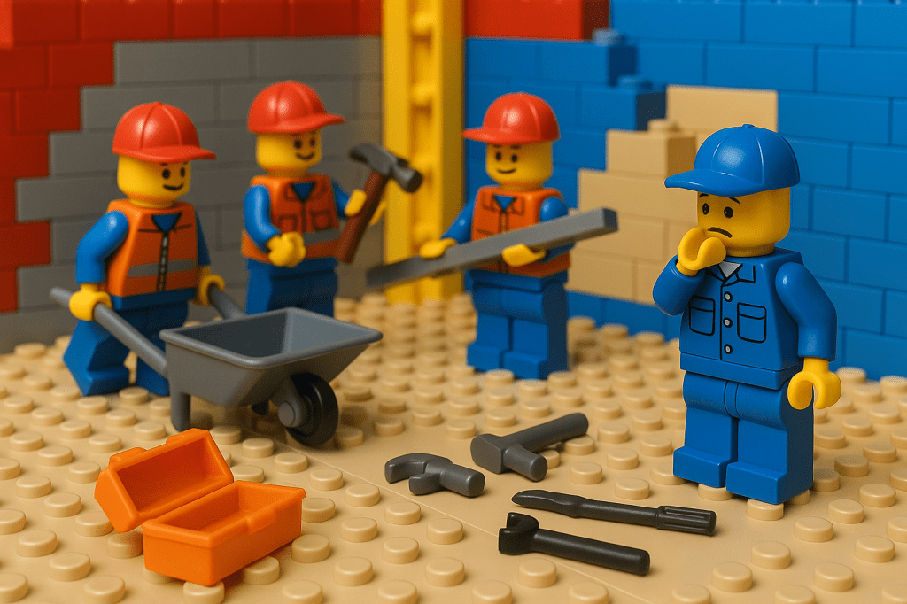 LEGO construction crew with scattered tools and an empty toolbox, showing how CyberStockroom improves Inventory Visibility of commonly wasted equipment through an Inventory Map.