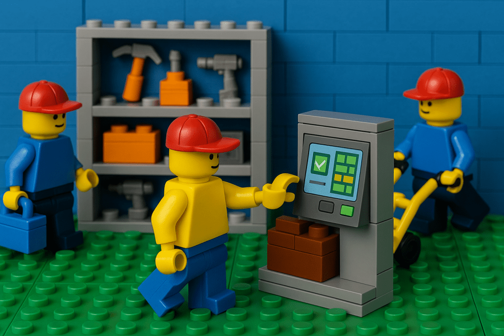 LEGO workers using a digital terminal in a tool room, showing how CyberStockroom provides smart Inventory Solutions with better Inventory Visibility through an Inventory Map.