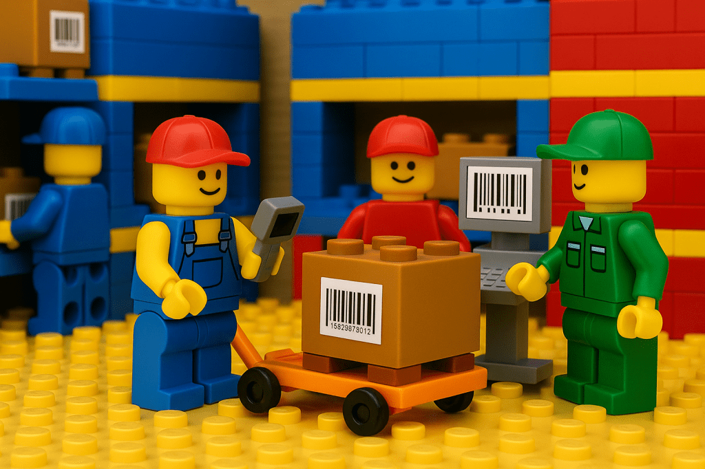 LEGO workers scanning barcodes on boxes to show how CyberStockroom’s Inventory Map improves tracking and real-time inventory visibility.