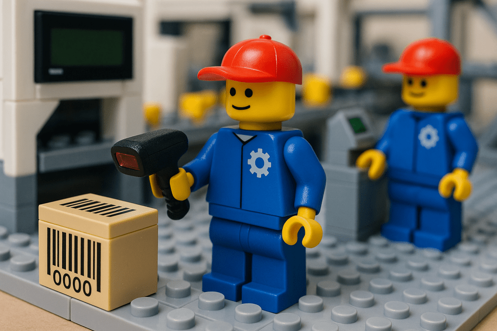 LEGO worker using a barcode scanner on a box to illustrate CyberStockroom’s Inventory Map and inventory visibility in manufacturing.