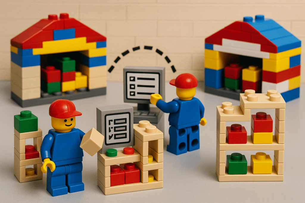 LEGO workers updating shelves and computers to illustrate CyberStockroom’s Inventory Map for multi-location inventory visibility and control.
