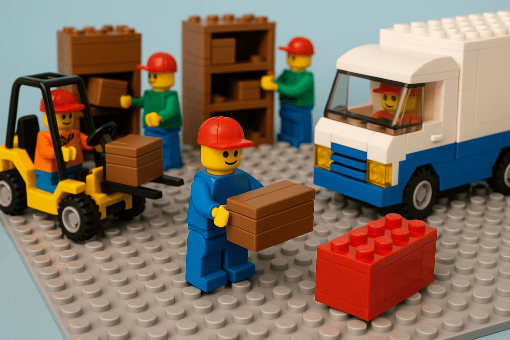 LEGO workers loading shelves, forklift, and truck to illustrate CyberStockroom’s Inventory Map and visibility in logistics and transportation.