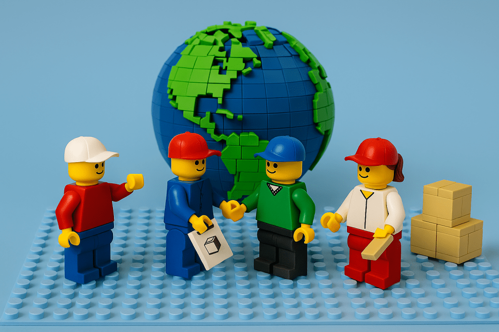 LEGO figures with a globe and packages representing how CyberStockroom’s Inventory Map supports global inventory management and visibility.