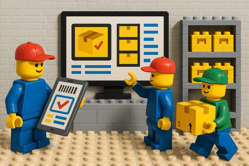 LEGO workers using tablets and monitors to show CyberStockroom’s digital Inventory Map for seamless multi-location inventory visibility.