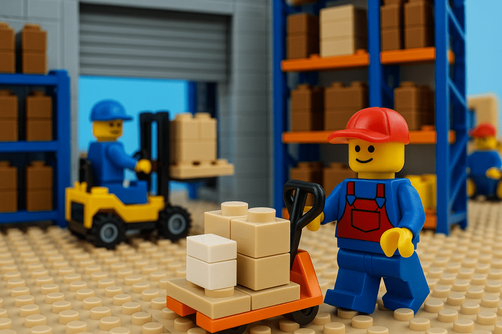 LEGO workers moving boxes in a warehouse to show how CyberStockroom’s Inventory Map supports tracking across multiple locations and mobile storage.