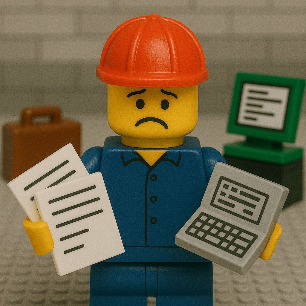  LEGO-style worker holding papers and a calculator with a worried expression, symbolizing the costs of overstocking due to poor inventory visibility, and how CyberStockroom’s Inventory Map helps maintain optimal stock levels through accurate, real-time tracking.