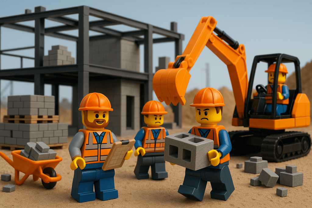 LEGO construction crew dealing with material handling issues on-site, highlighting common inventory management challenges that CyberStockroom solves through inventory visibility and an organized inventory map.
