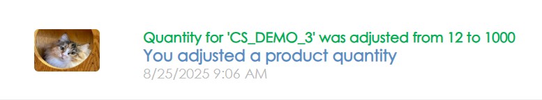 CyberStockroom transaction log showing product quantity adjustment for accurate inventory visibility and audit trail on the Inventory Map.