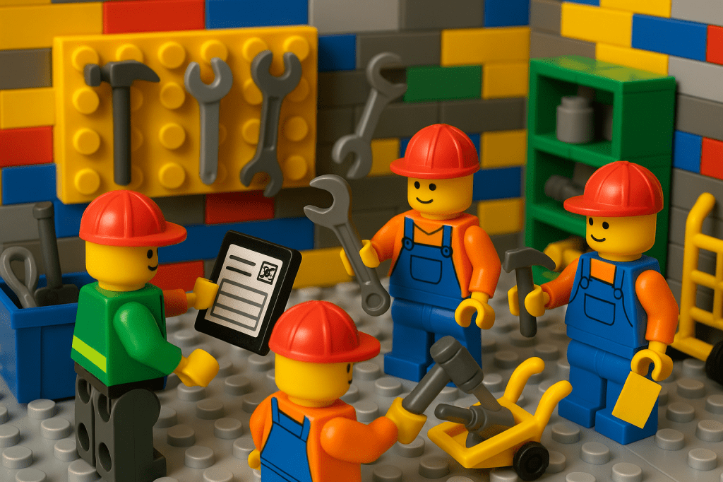 Lego workers using digital checklist to centralize tool tracking on CyberStockroom’s inventory map for clear visibility across sites