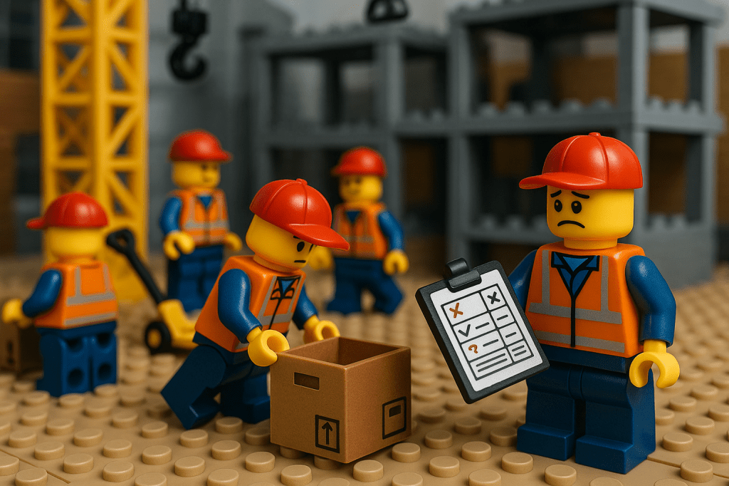 LEGO construction workers facing errors with a checklist to highlight how CyberStockroom’s Inventory Map prevents inaccurate inventory tracking and data issues.