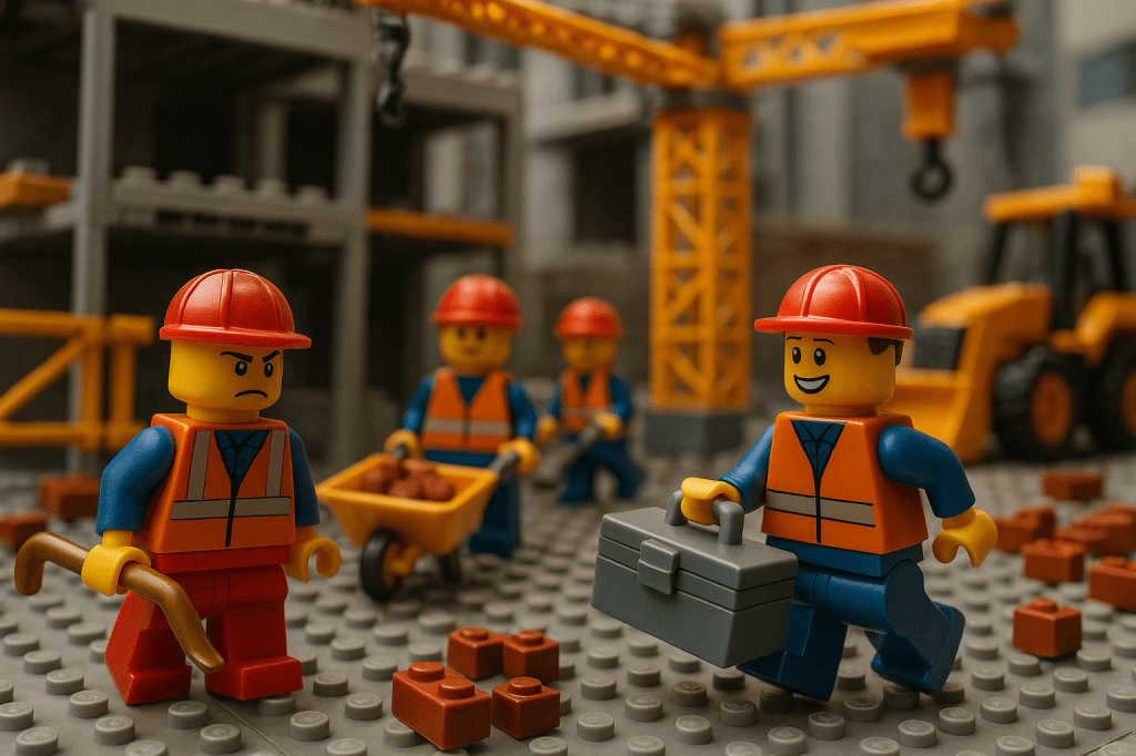 LEGO construction workers on a jobsite with one worker unhappy about missing tools, illustrating theft and equipment loss that CyberStockroom’s Inventory Map and Inventory Visibility can help prevent.