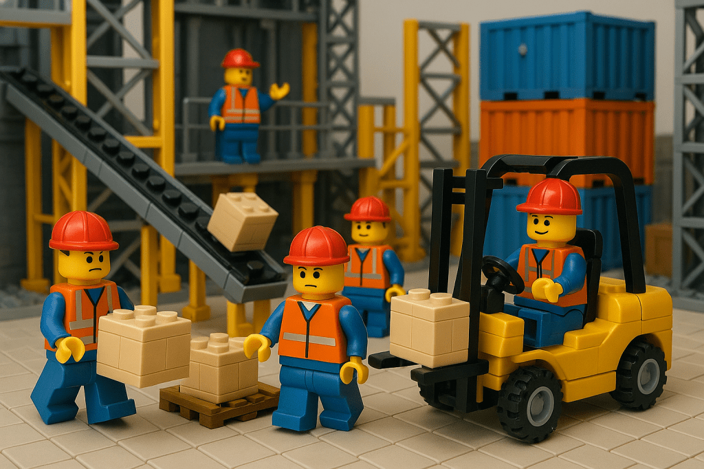 LEGO workers in a warehouse moving boxes with a forklift and conveyor belt, showing supply chain delays and lead time uncertainty that CyberStockroom’s Inventory Map and Inventory Visibility can help reduce.