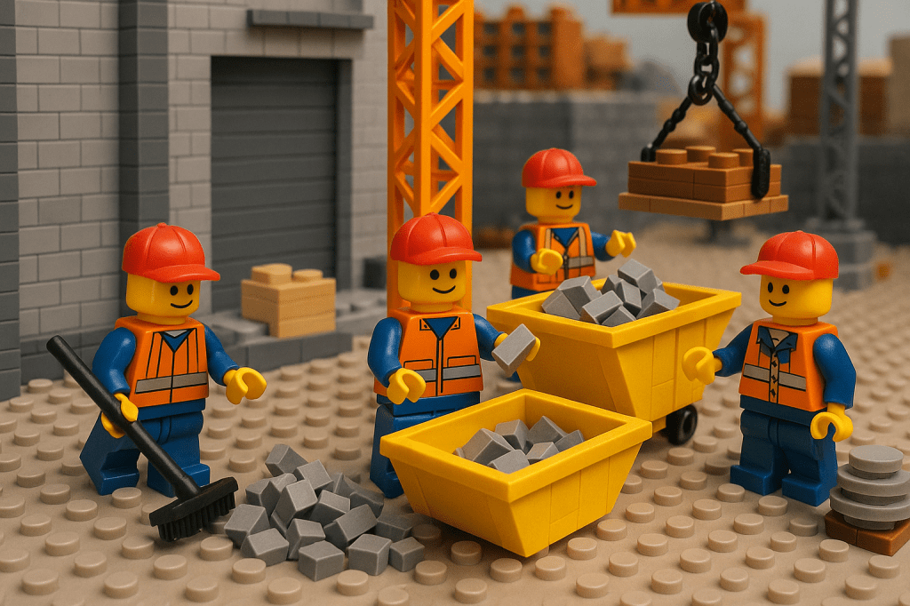 LEGO construction workers handling piles of excess bricks and materials, showing waste and surplus at project end that CyberStockroom’s Inventory Map and Inventory Visibility can help minimize.