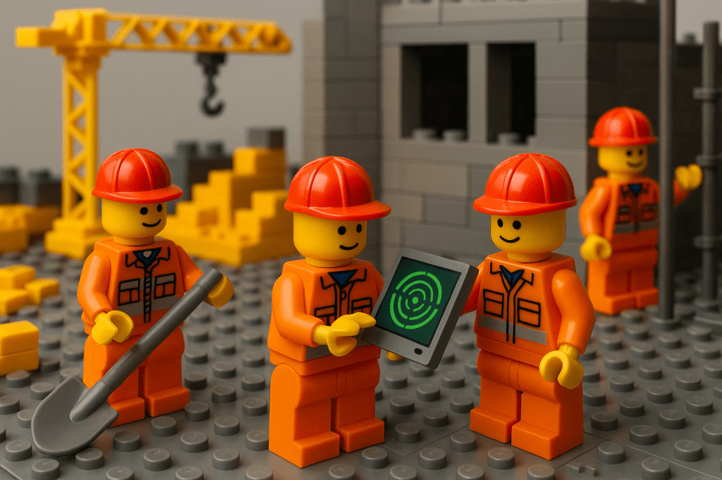LEGO construction workers on site with one showing a tablet to the team, representing adopting new technology and training that CyberStockroom’s Inventory Map and Inventory Visibility make easier.