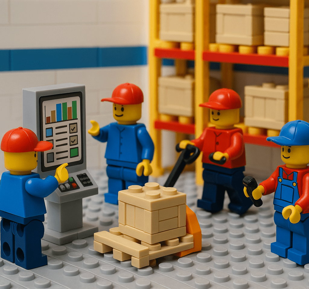 LEGO warehouse team using scanners, forklifts, and a digital dashboard, representing hybrid inventory strategies that CyberStockroom’s Inventory Map and Inventory Visibility support.