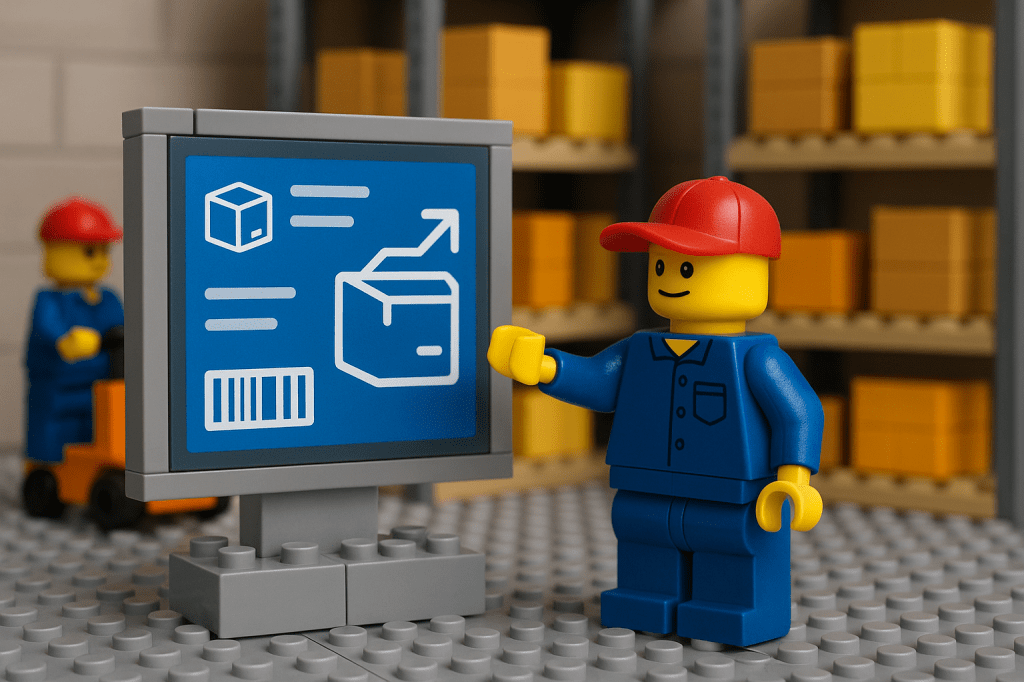 LEGO worker pointing at a digital screen with boxes and barcodes, representing advanced technology in inventory management that CyberStockroom’s Inventory Map and Inventory Visibility deliver.