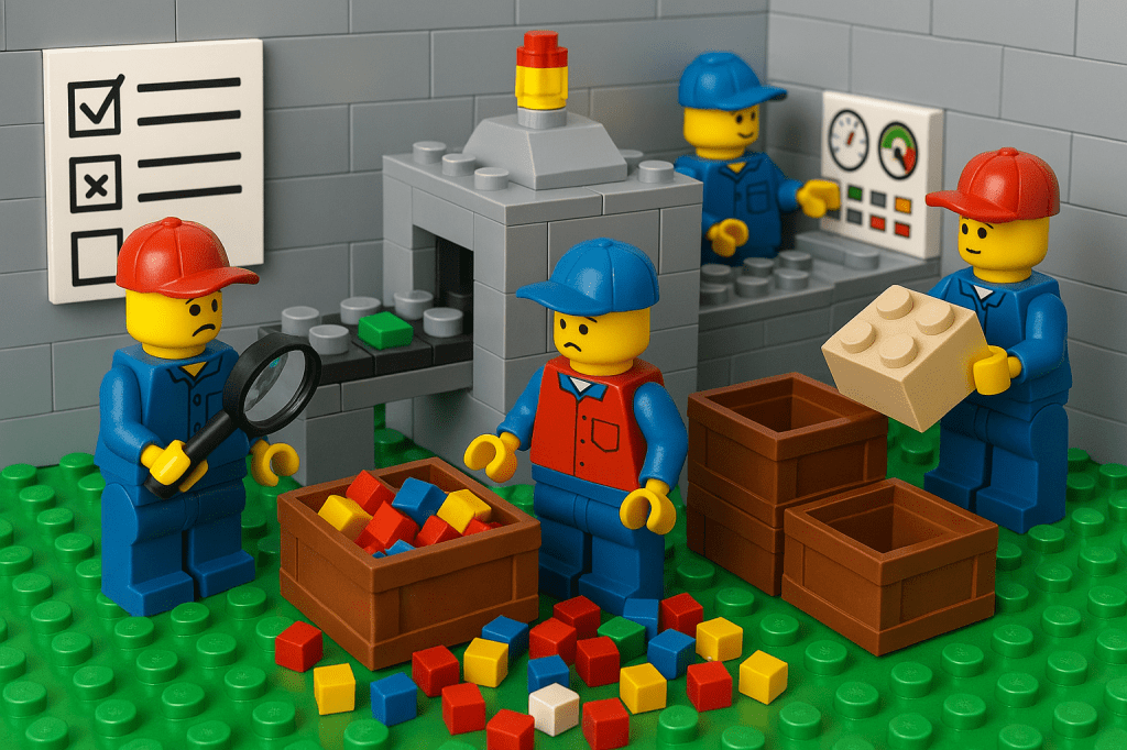 LEGO factory workers inspecting scattered colored blocks from a quality control issue, showing how inventory errors affect production and how CyberStockroom’s Inventory Map and Inventory Visibility help maintain accuracy.