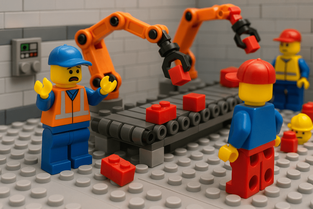 LEGO workers in a factory reacting to robotic arms misplacing blocks on a conveyor, showing how inventory errors disrupt assembly line operations and how CyberStockroom’s Inventory Map and Inventory Visibility help prevent manufacturing disruption.