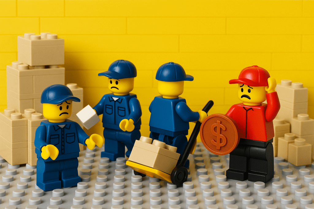 LEGO workers looking worried while a manager holds a coin, representing the hidden costs of inventory errors that CyberStockroom’s Inventory Map and Inventory Visibility help reduce.