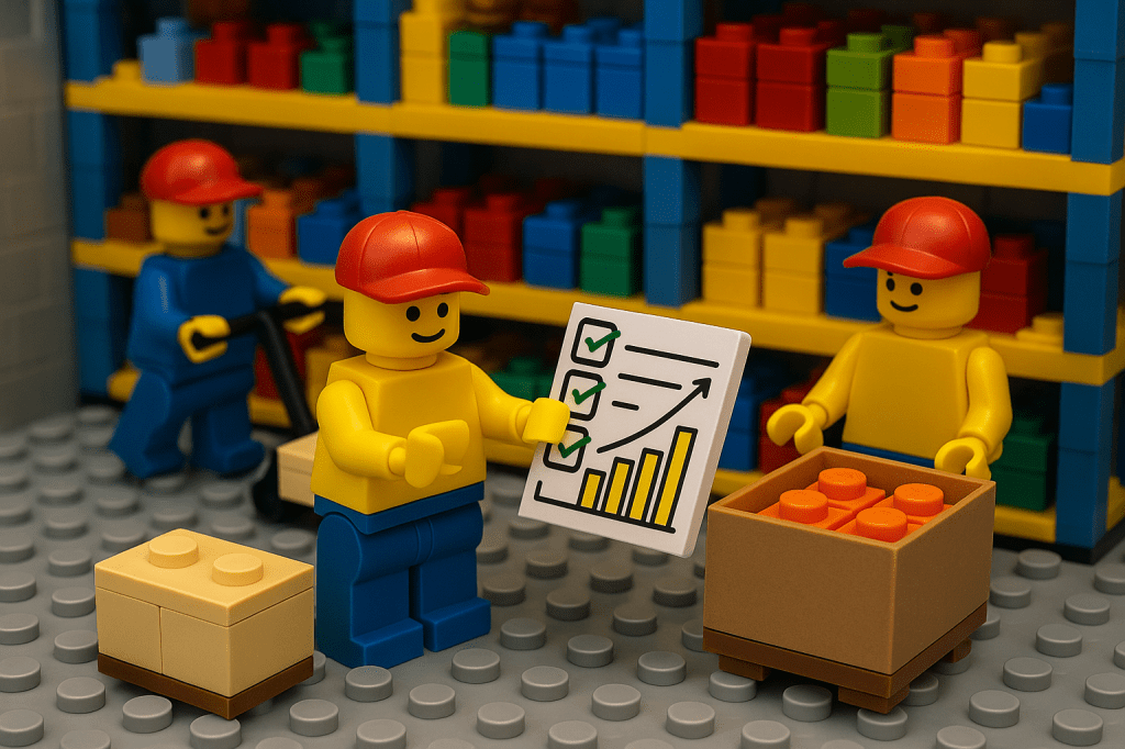 Lego workers tracking inventory accuracy metrics on CyberStockroom’s inventory map for better visibility and improvement.