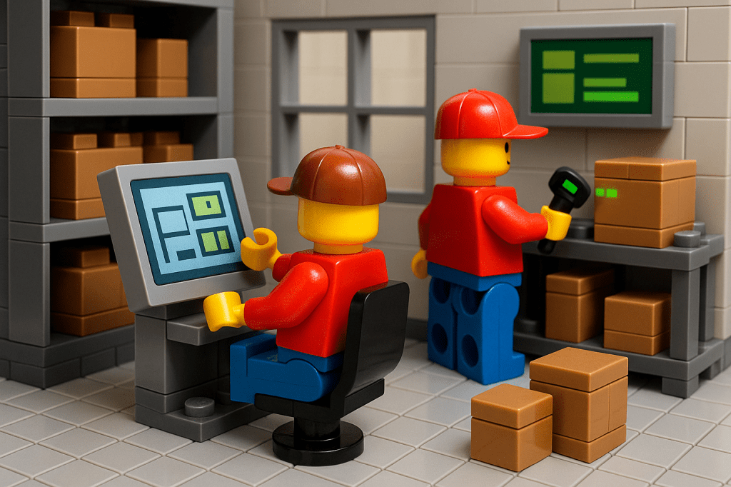 LEGO workers updating warehouse shelves and data systems to illustrate CyberStockroom’s Inventory Map for multi-location inventory visibility and control.