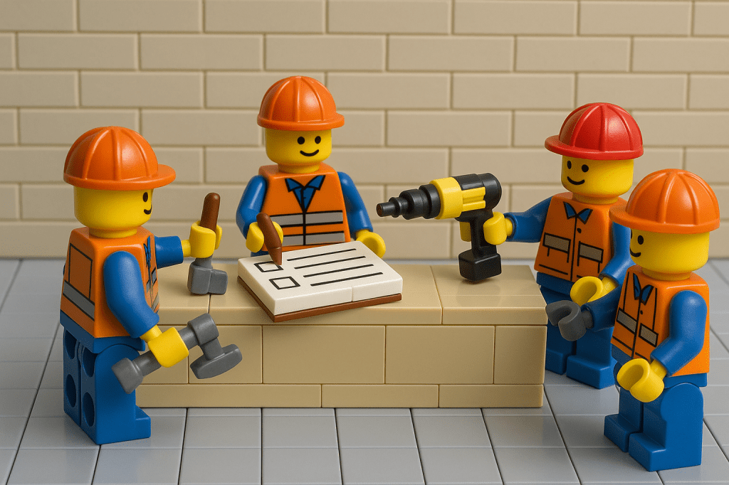 CyberStockroom inventory visibility supports audits, illustrated by LEGO figures counting and reconciling tools.