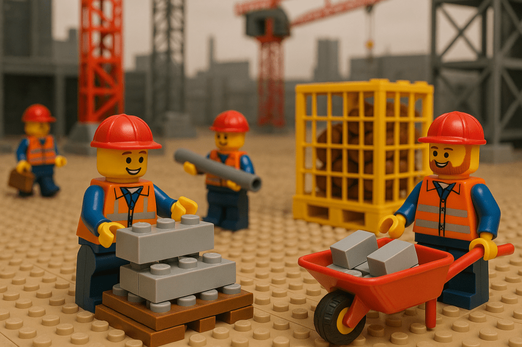 Lego construction crew storing surplus blocks, showing how CyberStockroom’s inventory map ensures proper storage to preserve material value.