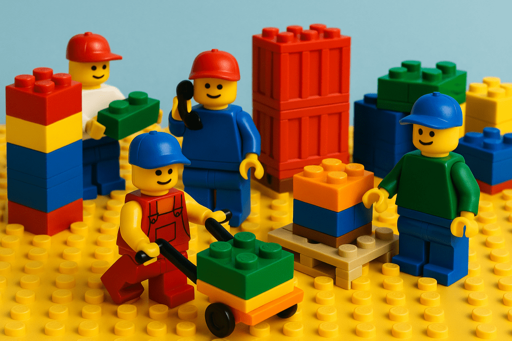 Lego workers organizing stacked building blocks and crates, representing diversified sourcing and inventory resilience. CyberStockroom’s map-based visibility helps companies reduce risks from single suppliers.