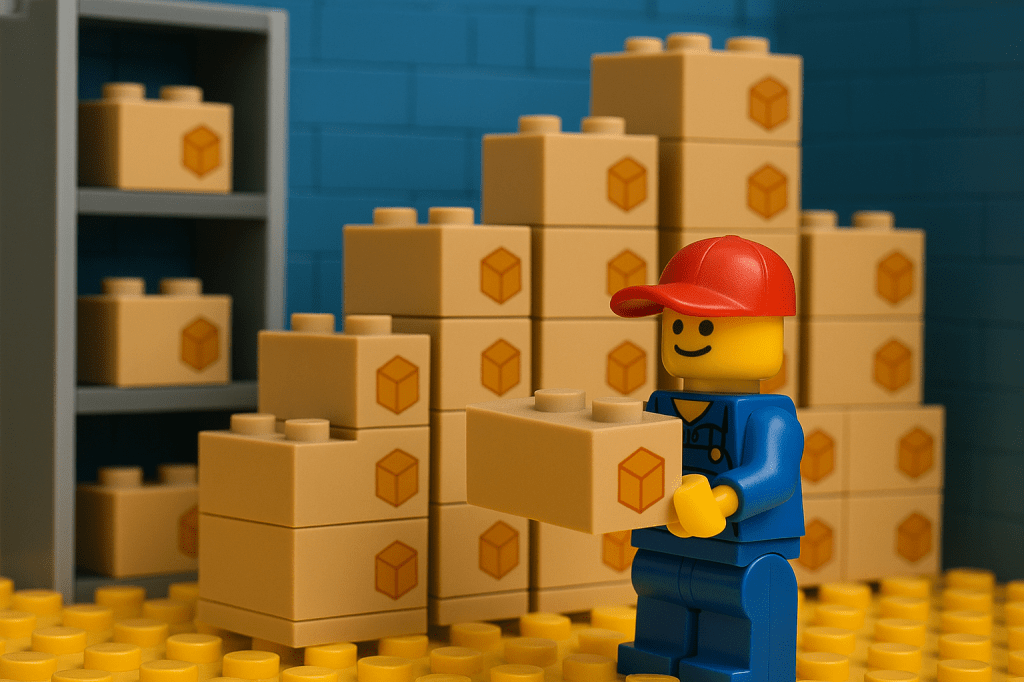 Lego worker stacking boxes in a warehouse, symbolizing safety stock reserves. CyberStockroom’s inventory map helps businesses track and manage strategic buffers to prevent stockouts.