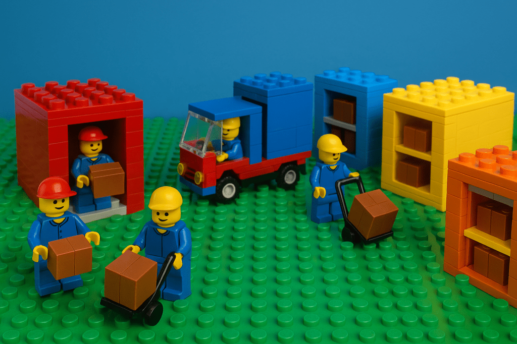 Lego workers move boxes between small storage units and trucks, symbolizing decentralized inventory strategies. CyberStockroom’s visual map helps track distributed stock across multiple sites.
