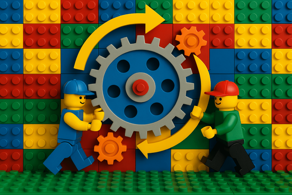 Lego workers turning gears with circular arrows, symbolizing continuous improvement and adaptability. CyberStockroom helps companies refine their inventory strategies over time with real-time visibility and flexible mapping tools