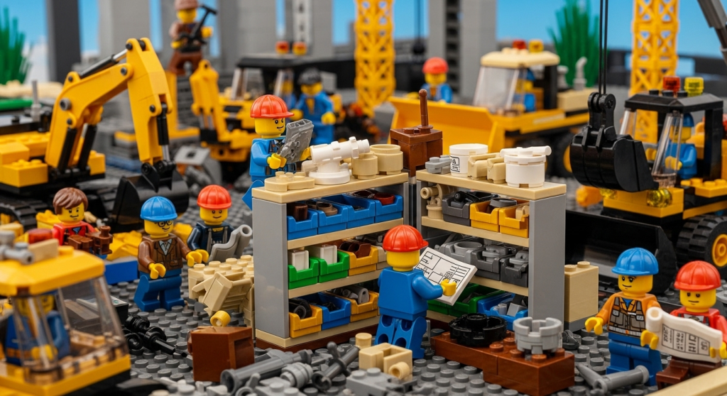 Lego construction site with workers organizing shelves of spare parts and tools, symbolizing the importance of proactive maintenance inventory in preventing breakdowns and keeping projects on track