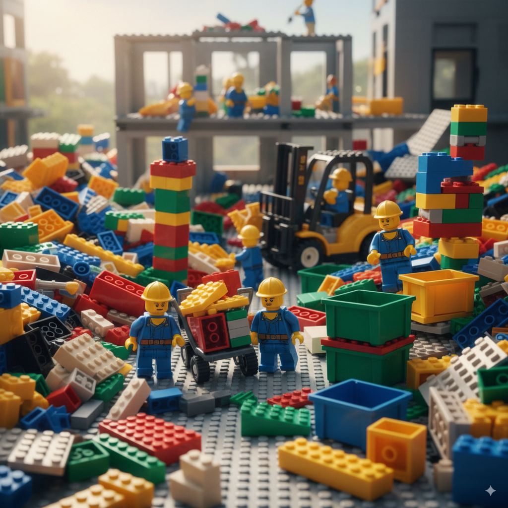 Lego construction site cluttered with surplus materials, showing how CyberStockroom’s inventory map helps control waste and hidden costs.