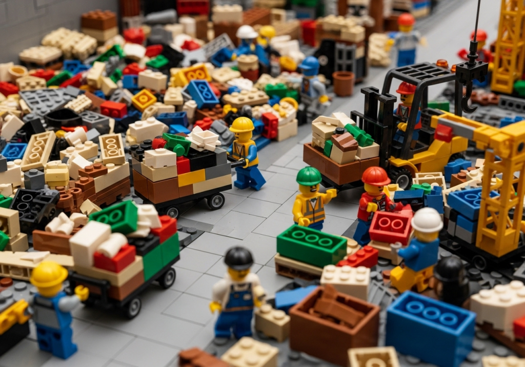 Lego construction workers organizing surplus blocks for donation, showing how CyberStockroom’s inventory map helps channel excess materials to charities and community projects.